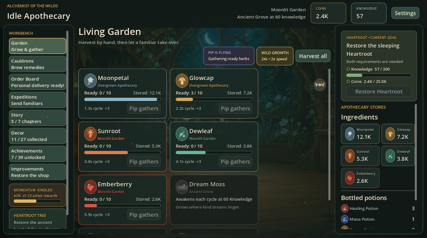 The Living Garden screen for tending and harvesting herbs