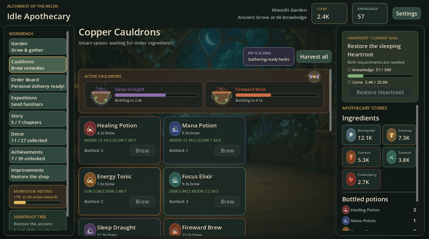 The Copper Cauldrons screen for brewing potions